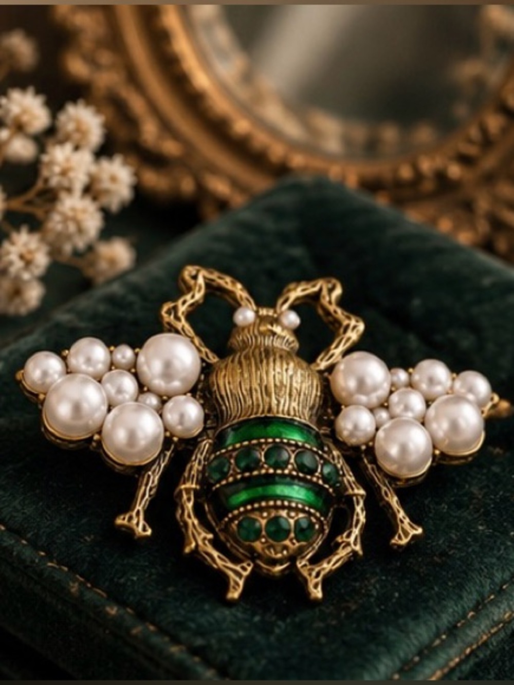 Vintage Emerald Pearl Beetle Brooch Antique Inspired Luxury Jewelry